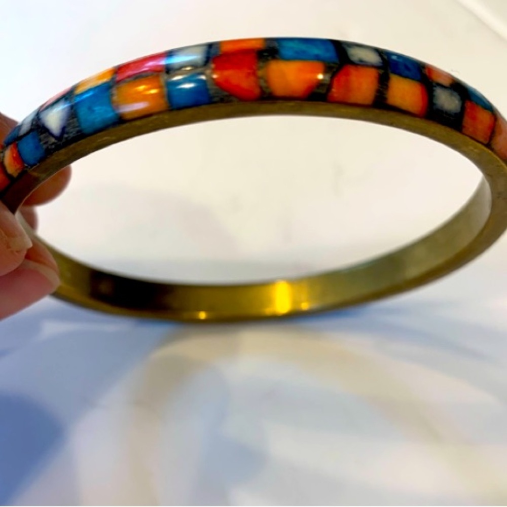 VINTAGE Bracelet Art Deco Bangle Brass Mosaic Inlay